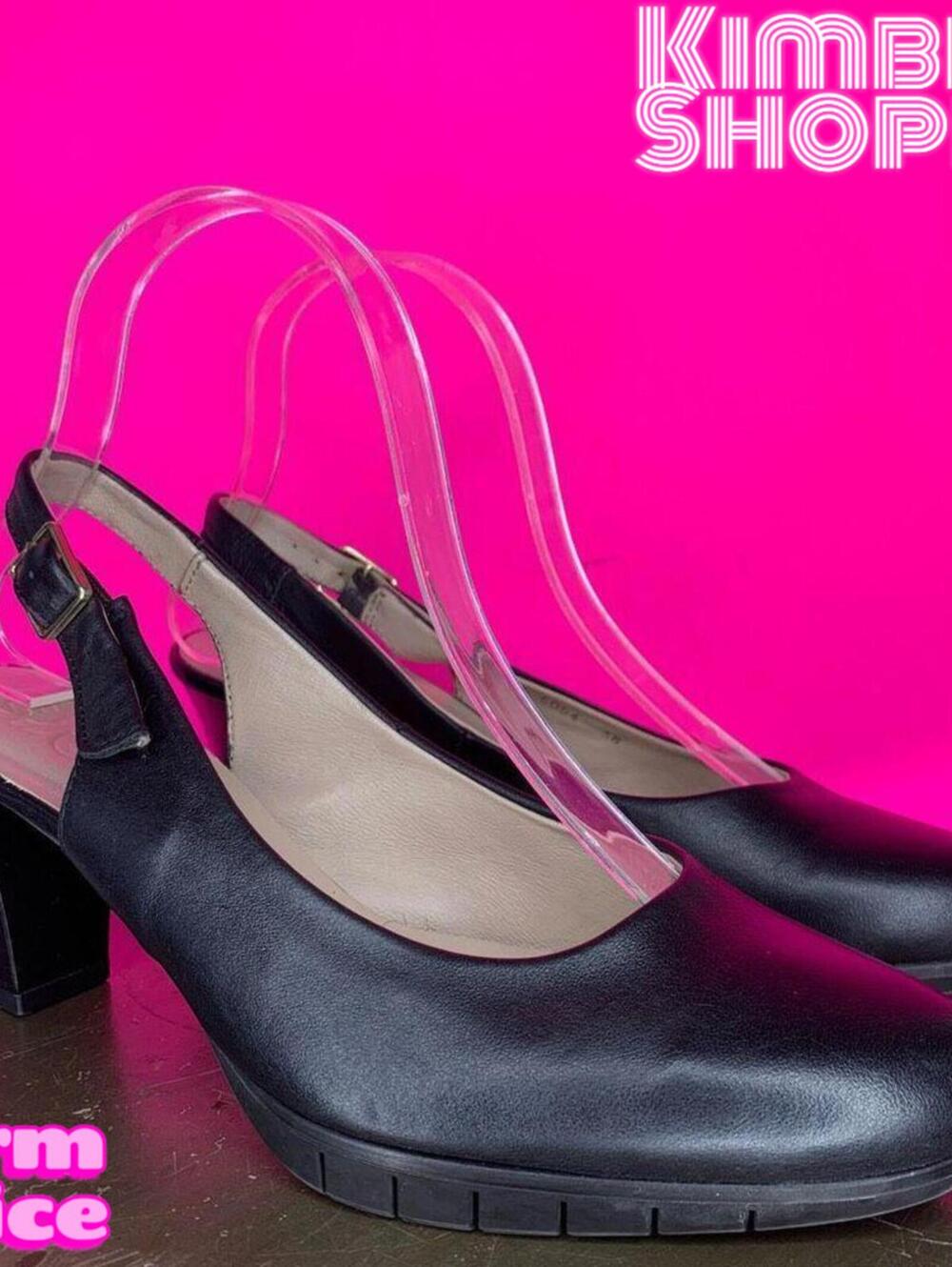 Wonders Black Leather Slingback Round Toe Low Heel Pumps EU 38 US 7.5 UK 5